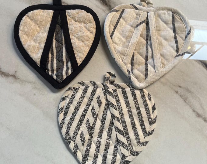 Cotton Quilted Heart Shaped Pot Holder w/ Stripes, set of 3