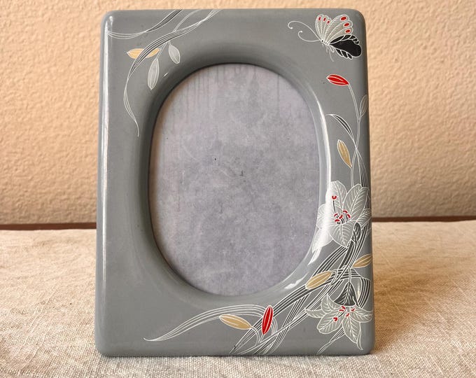 Vintage style  8x6 inch gray porcelain frame with hand painted floral detail holds a 5 1/4"x 4" image