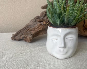 Stoneware Mini Planter with Face, Reactive Glaze  3-1/4"L x 3"W x 2-3/4"H