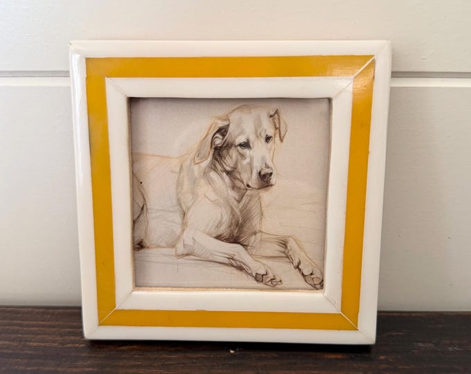 Vintage white frame with yellow stripe 4”x 4” frame holds a a 2 1/2”x2 1/2” photo