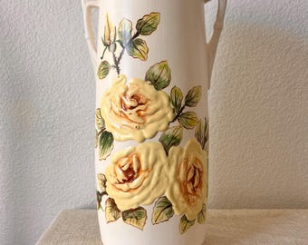 Vintage floral painted tapered stoneware vase 15"H x5" at the bottom 4 1/2" at the top