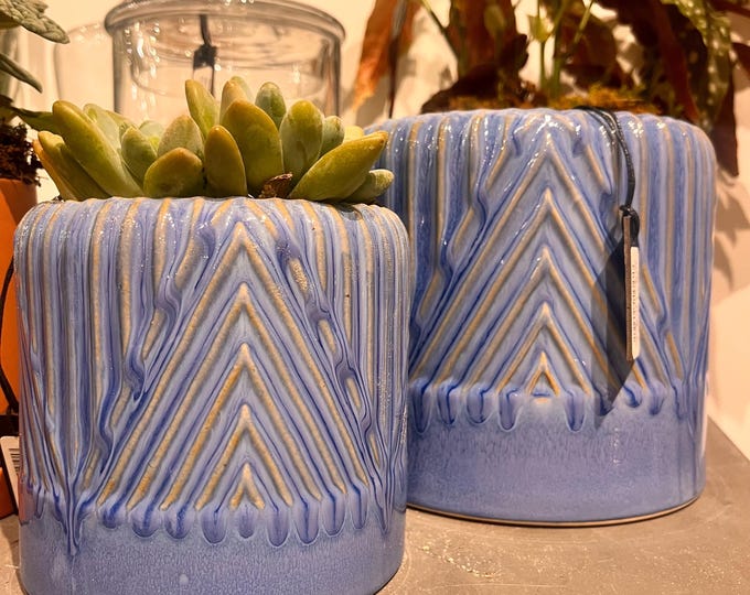 Blue embossed planter with abstract design 5.75"x5.5"