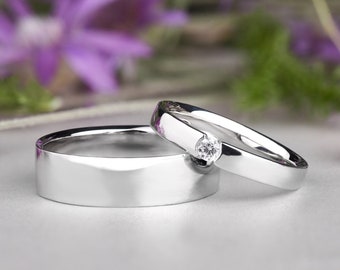 14K Gold diamond ring set, Comfort band set, His and her promise rings