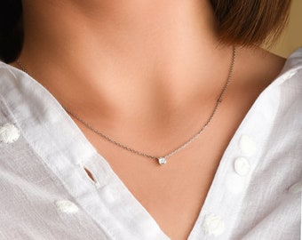 Diamond Solitaire Necklace, Delicate Diamond Chocker Necklace, Gold Pendant Necklace with Single Diamond