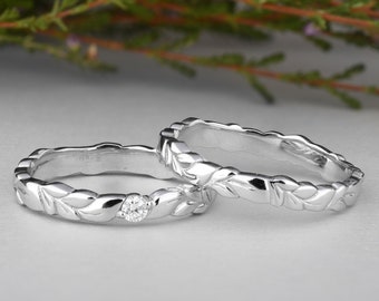 Wedding ring set his and her in 14K White Gold, Leaf wedding band set, Minimalist white gold wedding band