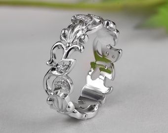 Unique White Gold Wedding Band, Leaf Gold Ring with Diamonds, Nature Elvish Wedding Ring