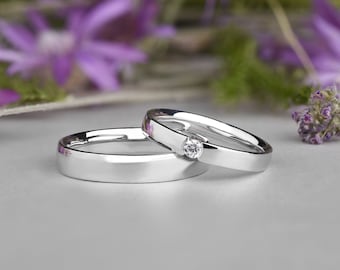 Natural diamond stone wedding ring set in 14K white gold, Simple matching wedding bands, Gold jewelry set