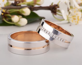 Luxurious His and Hers Diamond 14K Gold Wedding Bands, White & Rose Gold Couple Rings, Two Tone Ring