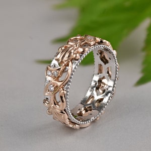 Rose Gold Leaf Ring, 14k Solid Gold Ring, Diamond Leaf Ring, Vine Wedding Band