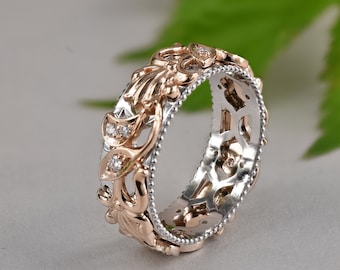 Rose Gold Leaf Ring, 14k Solid Gold Ring, Diamond Leaf Ring, Vine Wedding Band