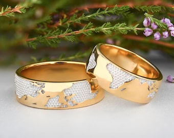 14k two tone rose gold and white gold bands, Rose gold engraved map rings, Simple wedding band