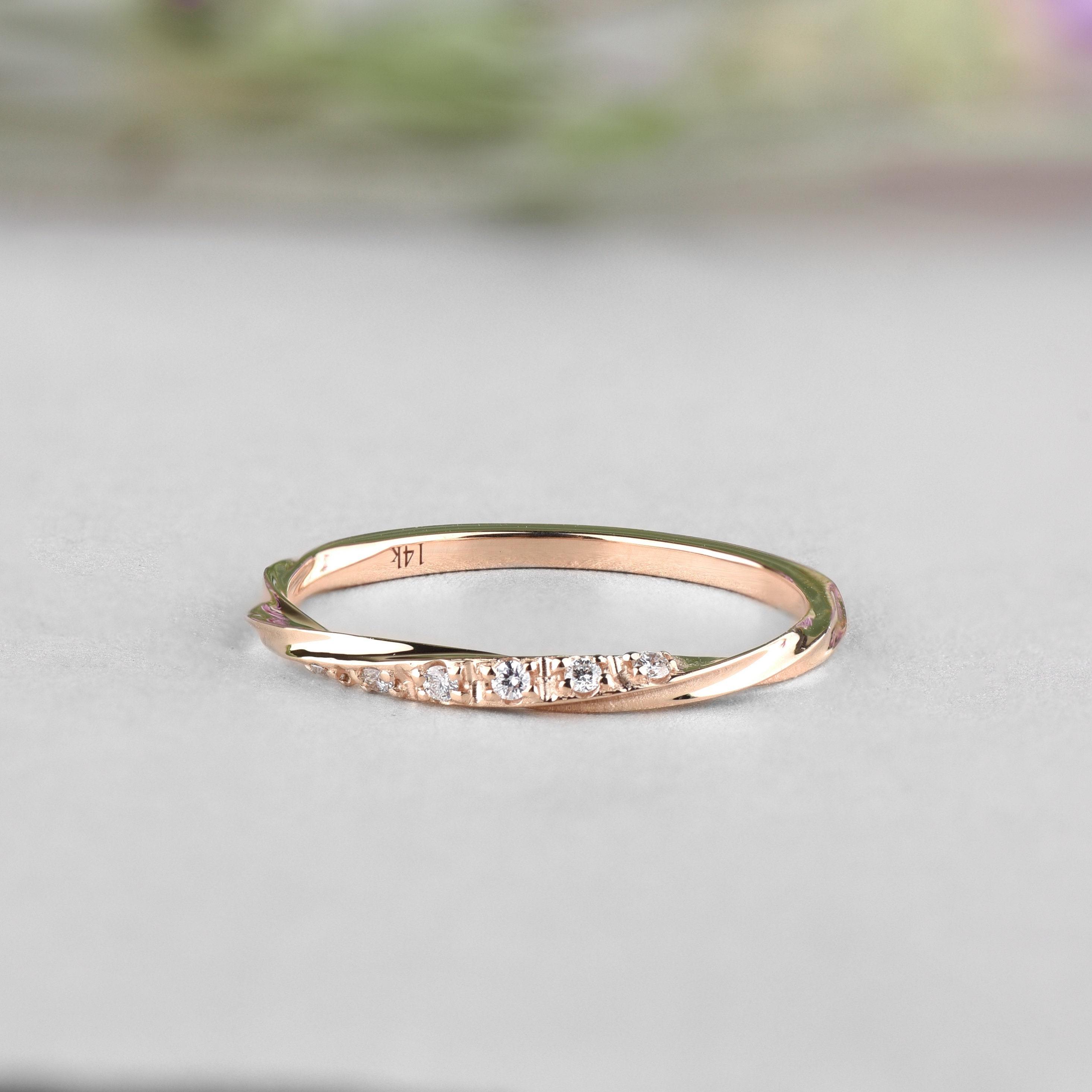 14K Rose Gold twist ring, Dainty wedding band with diamonds, Gem promise ring