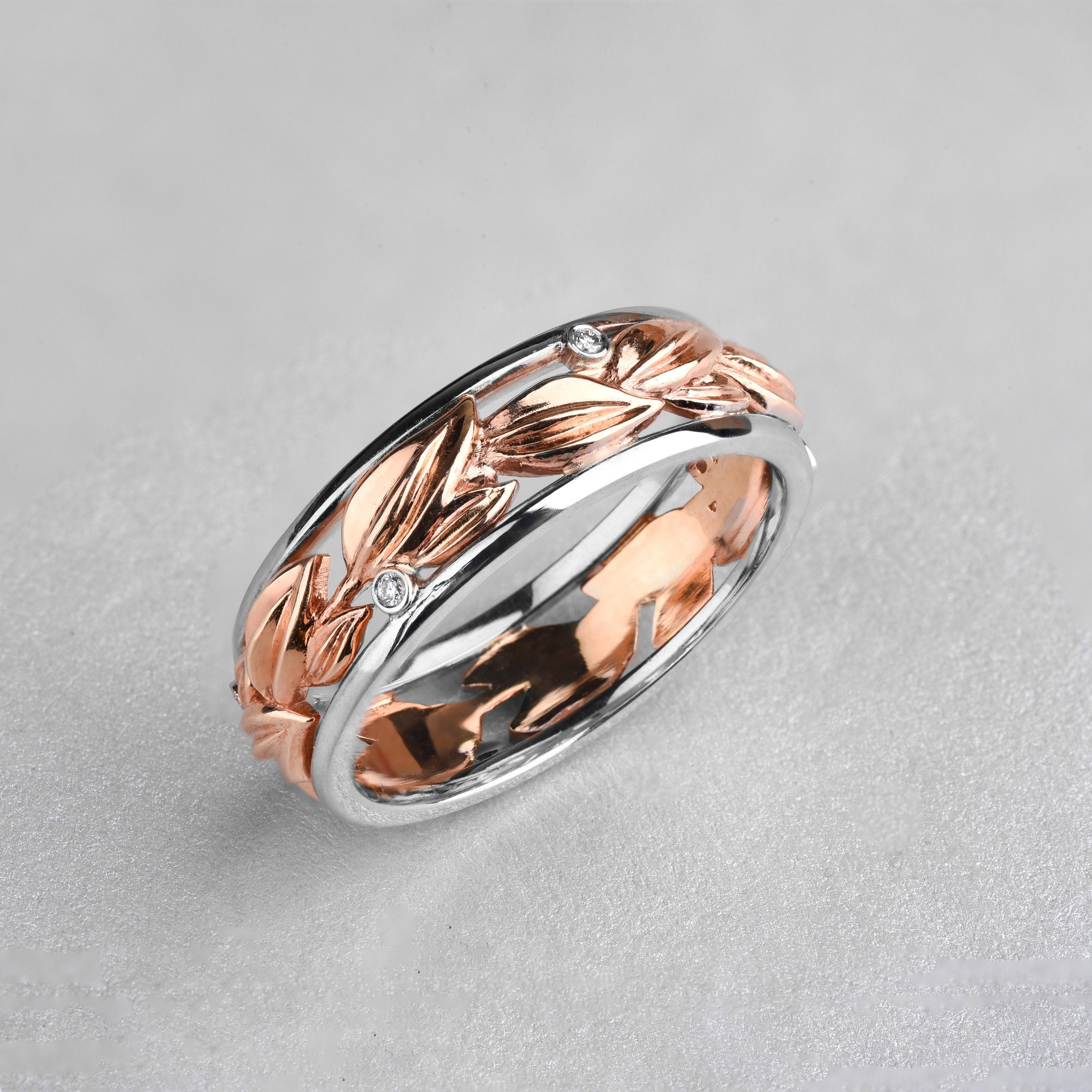 Leaf Wedding Band, Gold Leaf Ring, Diamond Nature Ring, 14K Rose Gold Wedding Band Women, Art Nouveau Ring, Filigree Wedding Ring