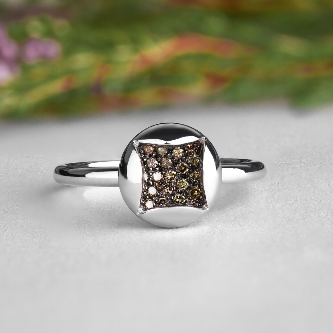 14K Solid Gold Statement Ring, Unusual Engagement Ring, Gold Dome Brown