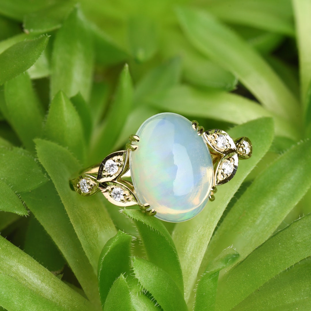 Opal Promise Ring With Diamonds, Yellow Gold Art Deco Ring, Opal