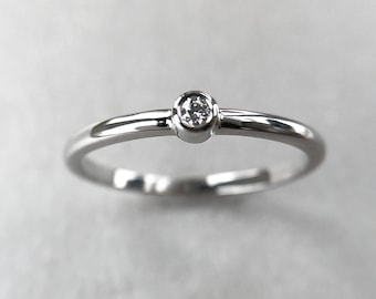 14K White Gold Bezel Set Stacking Ring, Minimalist Solid Gold Ring, Simple Gold Engagement Ring