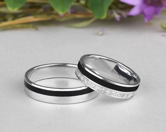 Black promise ring for men with gem, Black gold ring set, Men's wedding band black