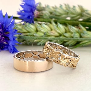 Wedding rings with elegant design 14K White and Rose Gold Wedding Bands His and Hers Wedding Rings 14K White and Rose Gold Wedding Bands