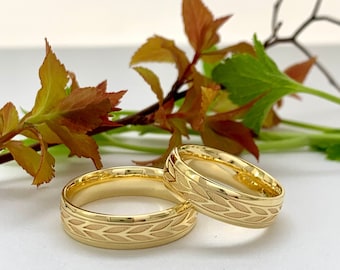 Nature Inspired Ring, Unisex Wedding Band, 14K Gold Rings, Gold Unique Wedding Ring 6mm, Wedding Rings His and Hers, Promise rings