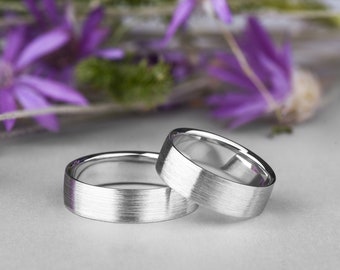 Simple ring set, Matching couple rings in 14K White Gold, Brushed gold ring set