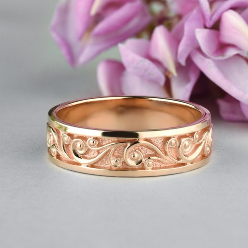 14K Gold Wedding Band Floral Wedding Band Filigree Wedding Etsy