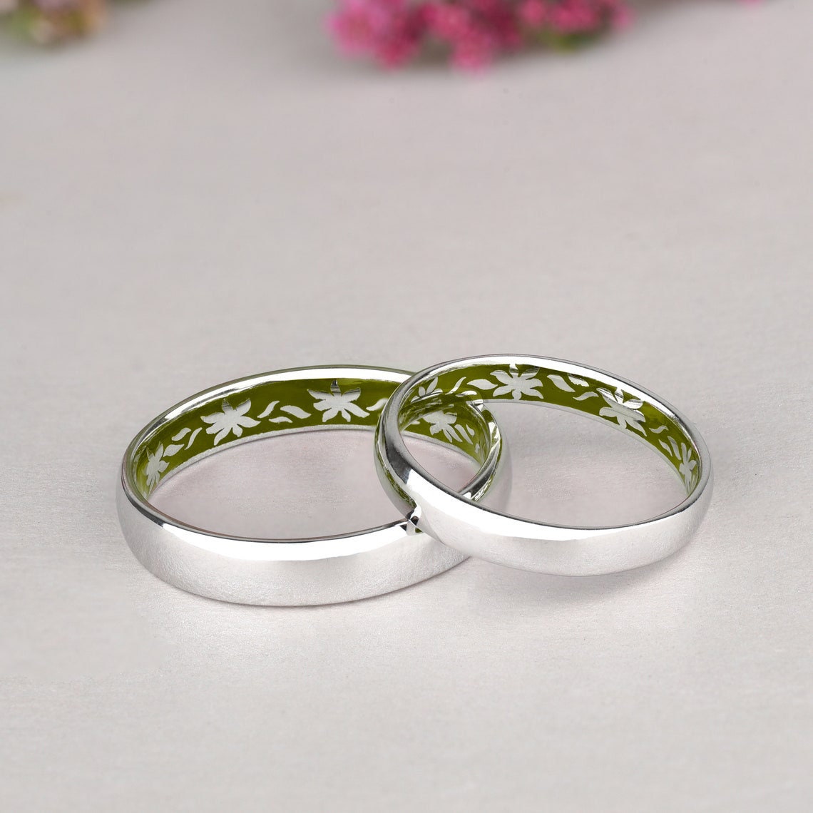 14K Gold and Green Ring Set Male and Female Wedding Bands | Etsy