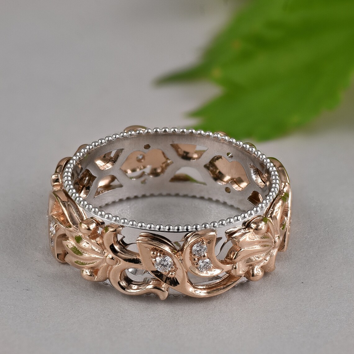 Rose Gold Leaf Ring 14k Solid Gold Ring Diamond Leaf Ring Etsy