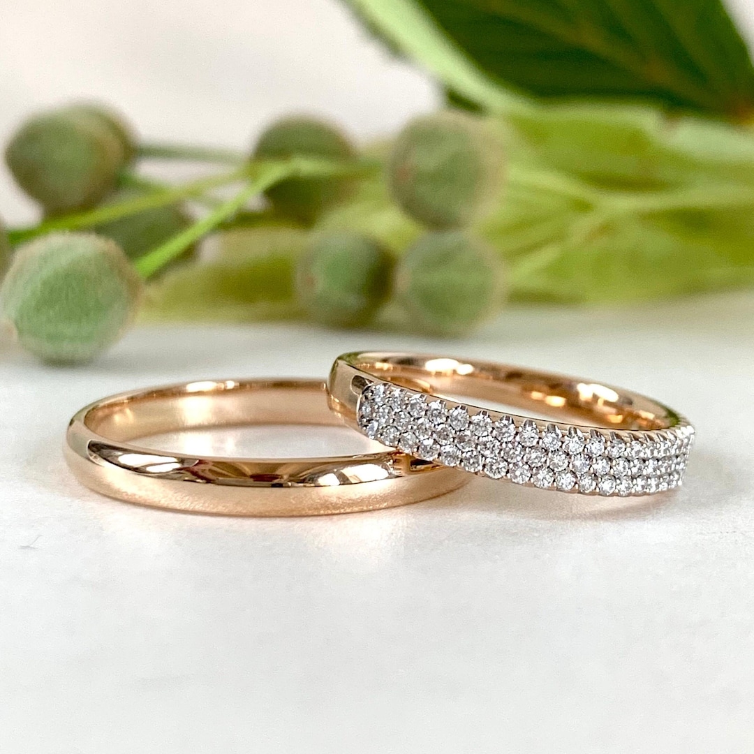 MEJURI☆ペア モチーフ ベゼルセット エタニティ リング Matching Wedding Bands His and Hers, Gold Wedding Rings Set
