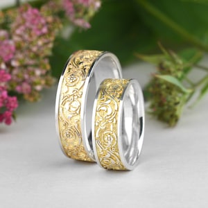 14K White and Yellow gold bridal ring set, His and hers wedding bands, Floral boho ring set,