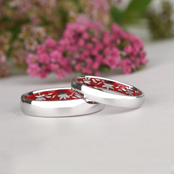 14K Gold Enamel Ring Set Plain White Gold Wedding Band 14k Solid