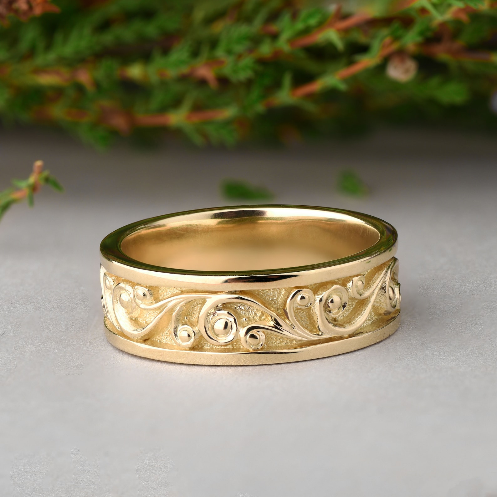 14K Gold Wedding Band, Floral Wedding Band , Filigree Wedding Band ...