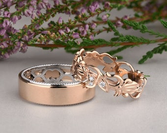 Vintage style wedding ring set rose gold, Gold leaf rings, Diamond filigree anniversary band set