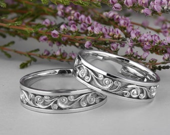 Matching wedding bands in 14K Solid White Gold, Floral wedding band vintage style, Gold ring set