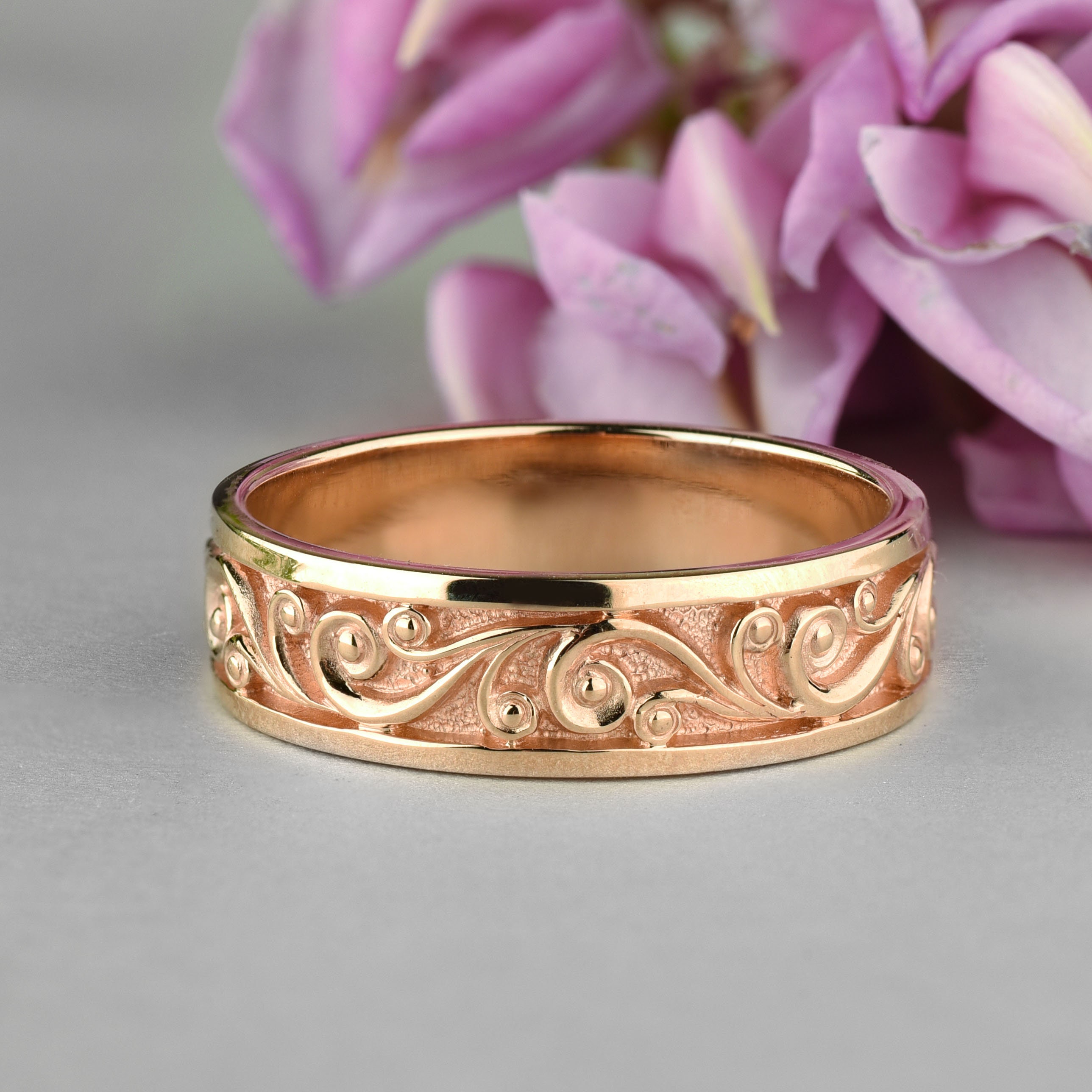 Gold Matte Wedding Band 14K Gold Floral Wedding Ring Etsy