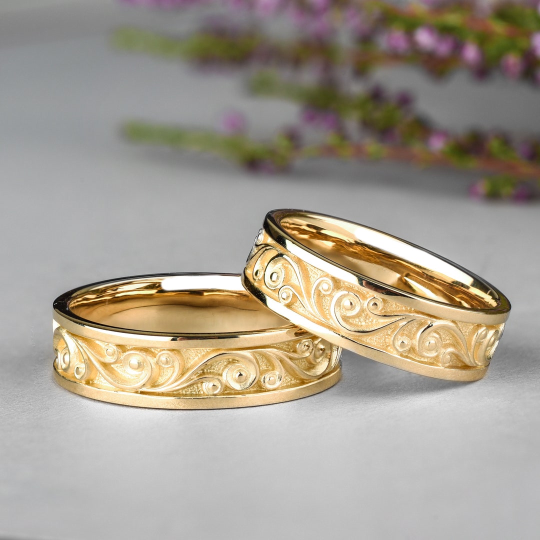 14k-yellow-gold-wedding-band-set-textured-comfort-fit-rings-etsy