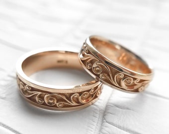 Gold Matte Wedding Band Set, 14K Gold Floral Wedding Ring Set , Filigree Wedding Bands Women, Unique Wedding Rings