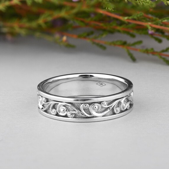 Promise Ring for Him Solid 14k White Gold Wedding Band Womens or