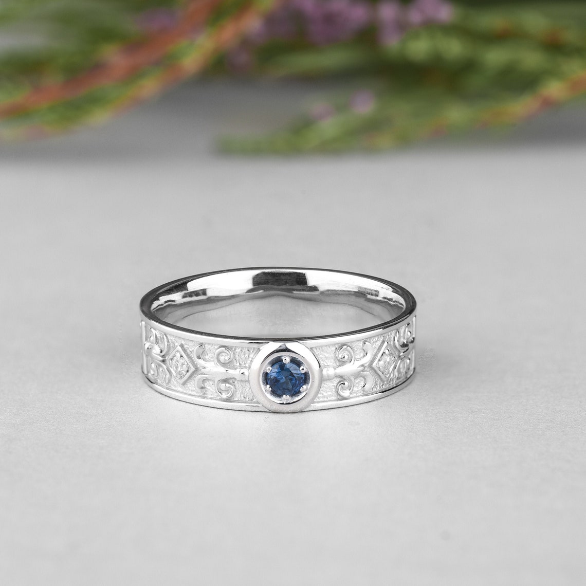 14K White gold wedding band with sapphire Viking ring women Etsy