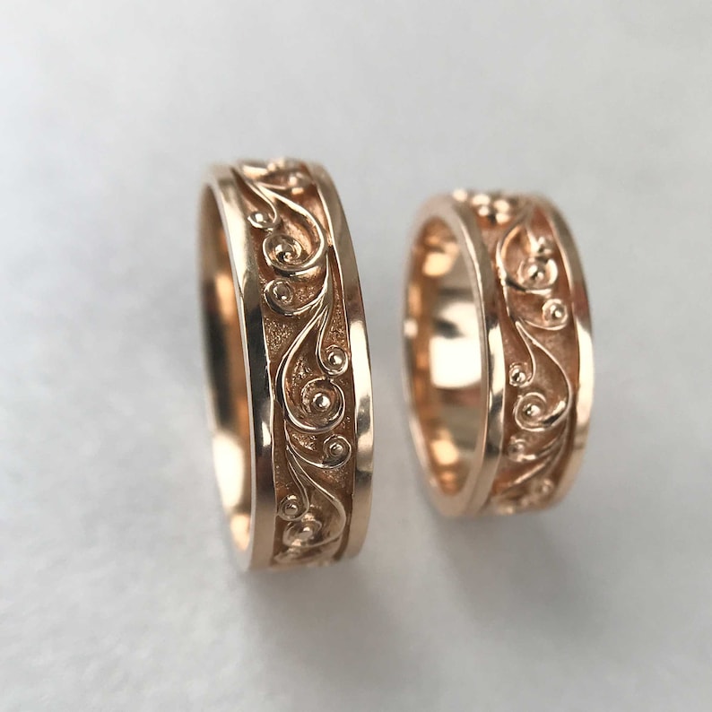 Gold Matte Wedding Band Set 14K Gold Floral Wedding Ring Set Etsy