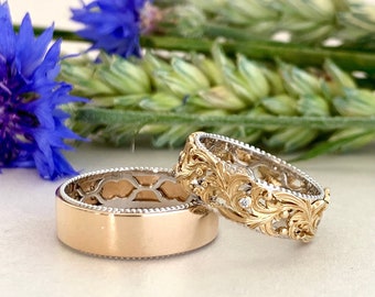 Wedding rings with elegant design 14K White and Rose Gold Wedding Bands His and Hers Wedding Rings 14K White and Rose Gold Wedding Bands