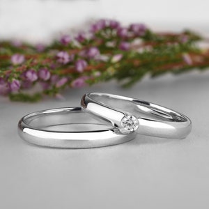 Diamond Wedding Band Set, Minimalist 14K Gold Couples Rings, Simple Couple Ring Set, 14K Gold Diamond Ring, Wedding Ring Set