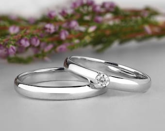 Minimalist 14K Gold Diamond Wedding Band Set: Simple Couples Rings