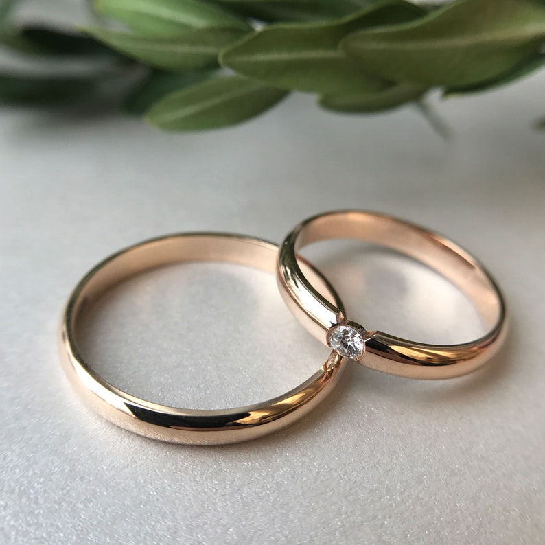 Diamond Wedding Band Set Minimalist 14K Gold Couples Rings Etsy