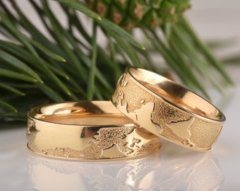 14K Solid Gold Coordinate Ring Set, Matching Wedding Bands Women and Mens, Map Promise Rings For Him and Her