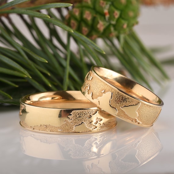 14K Solid Gold Coordinate Ring Set Matching Wedding Bands Women and Mens Map Promise Rings for Him and Her Etsy