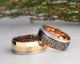 14K Solid gold matching rings, Matching wedding bands his and hers, Floral thick gold ring