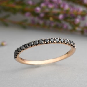 Rose gold wedding band women with black diamond pave, Anniversary band for her, Black diamond wedding band half eternity band
