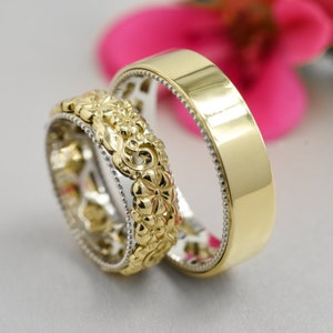 Unique leaf and vine wedding band, matching wedding bands, yellow gold wedding bands set his and hers, anniversary gift for wife