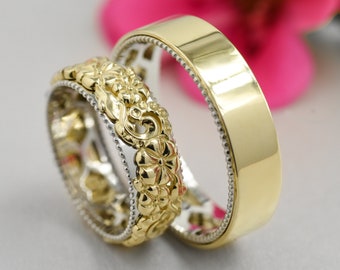 Unique leaf and vine wedding band, matching wedding bands, yellow gold wedding bands set his and hers, anniversary gift for wife