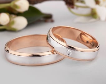 14k Two Tone Rose Gold and White Gold Wedding Band Set His and Hers diamond or CZ, wedding band set his and hers rose gold bands for women,